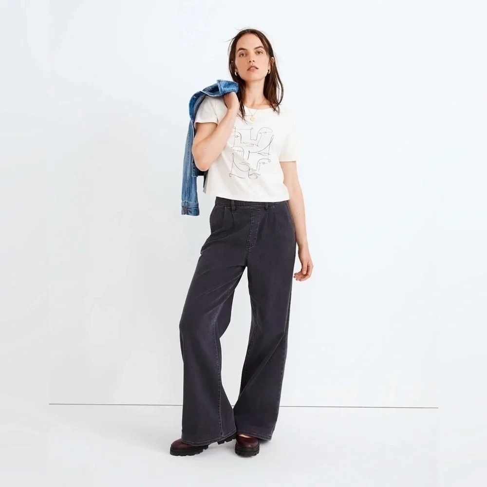 Madewell Jeans Womens M Black Super Wide Leg High Rise Elastic Waist Pull On